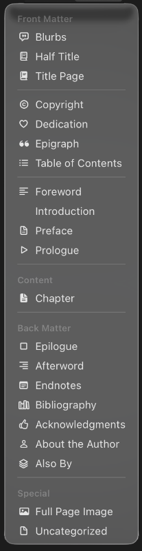 Add chapters — Front Matter, Content, Back Matter, and Special sections