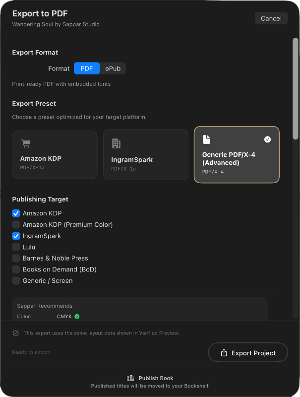 Export to PDF — Amazon KDP, IngramSpark, and more