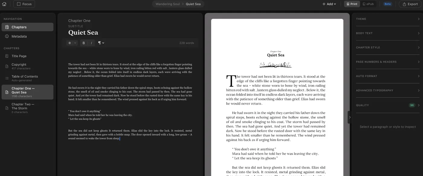 Sappar Studio: chapter list, manuscript editor, live composed-page preview, and typography controls